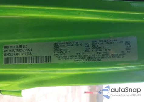 2025 Jeep Gladiator Texas Trail from USA, damaged, VIN 1C6PJTAG3SL525121